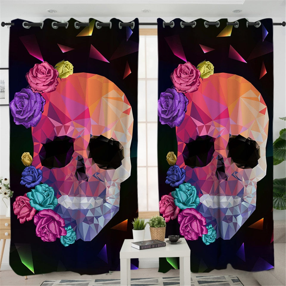 Floral Skull Living Room Curtains Gothic Colorful Curtain for Bedroom Rose Floral