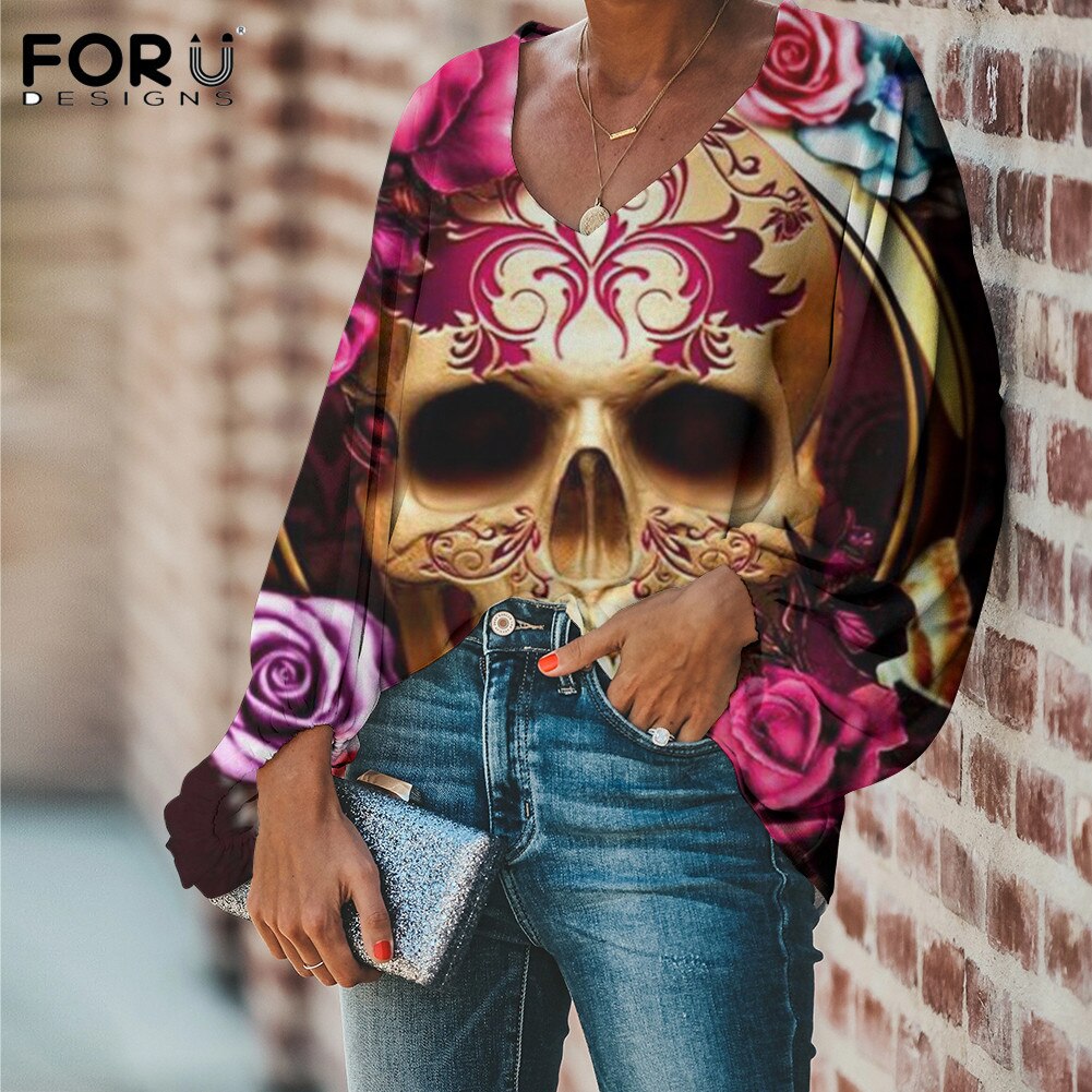 Sugar Skull With Flower Pattern Ladies Loose V Neck Casaul Balloon Sleeve