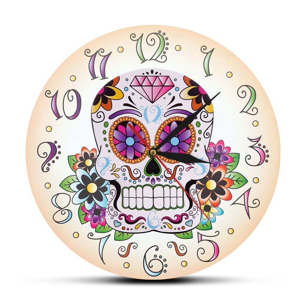 Day of the Dead Mexican Floral Skull Wall Clock Dia de Muertos