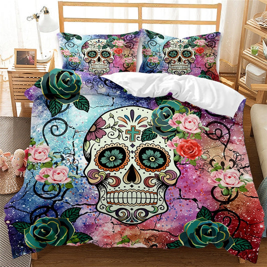 Rose Skull Bedding Sets Halloween Gift Duvet Cover Comforter Bedding Set