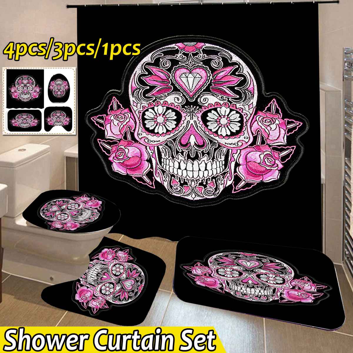 Halloween Skull bathroom curtain Waterproof Shower Curtain Set