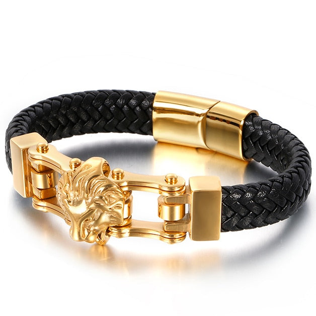 Lion Head Mens Bracelets & Bangles Braided Genuine Leather Bracelet