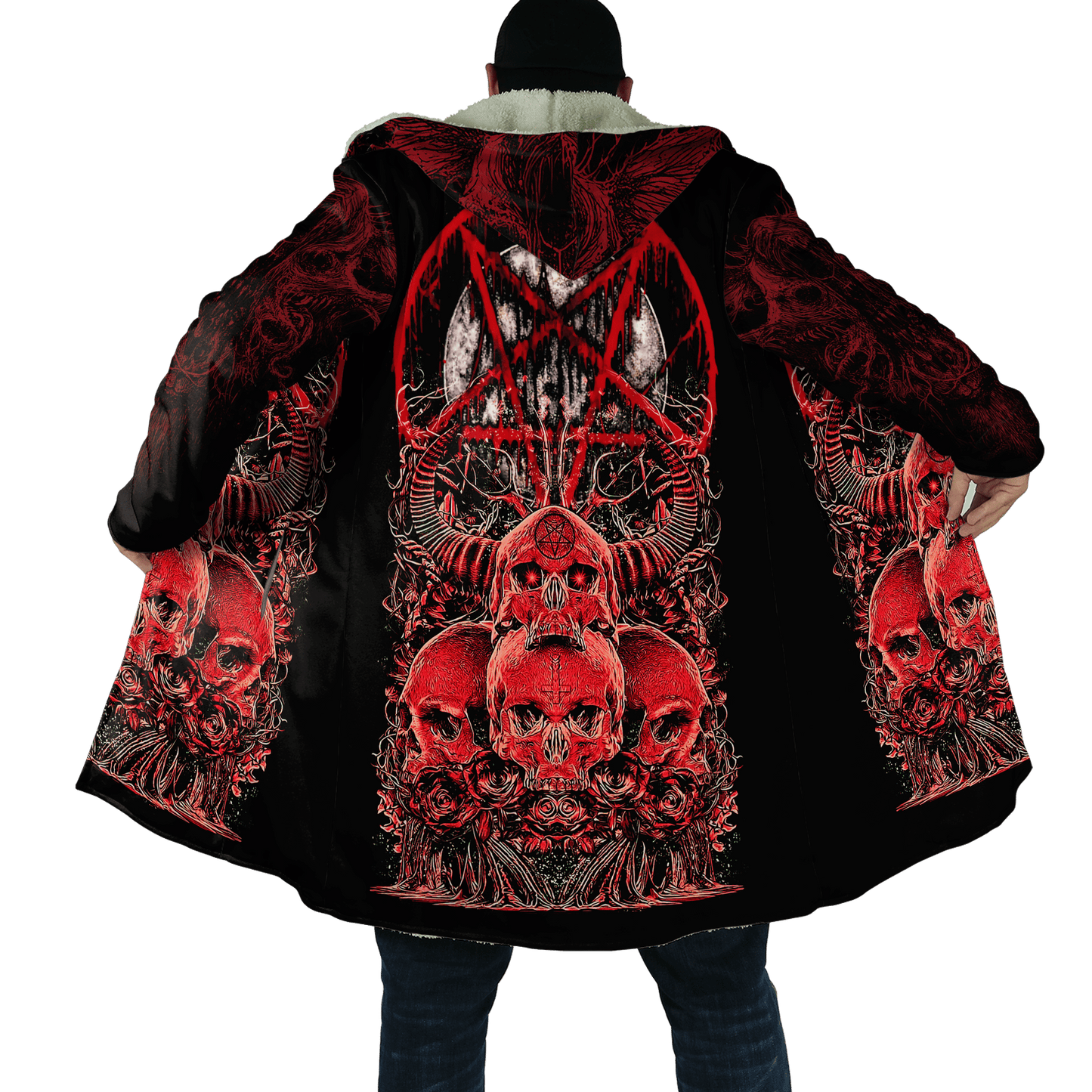 Winter Mens Cloak Gothic Reaper Skull Tattoo Fleece Hooded Cloak Coat Unisex Casual Thick Warm Cape coat, Halloween cloak coat