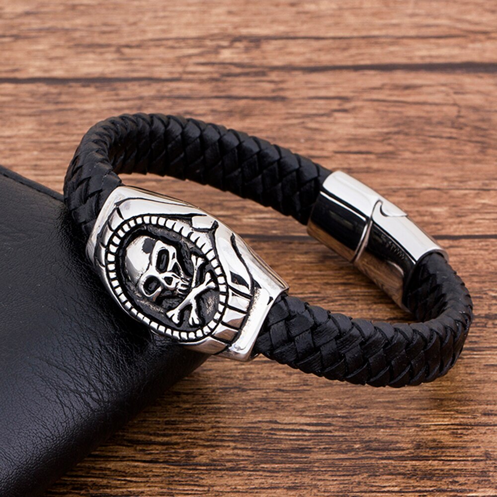 Fashion Charm Stainless Steel Magnetic Black Genuine Leather Braided