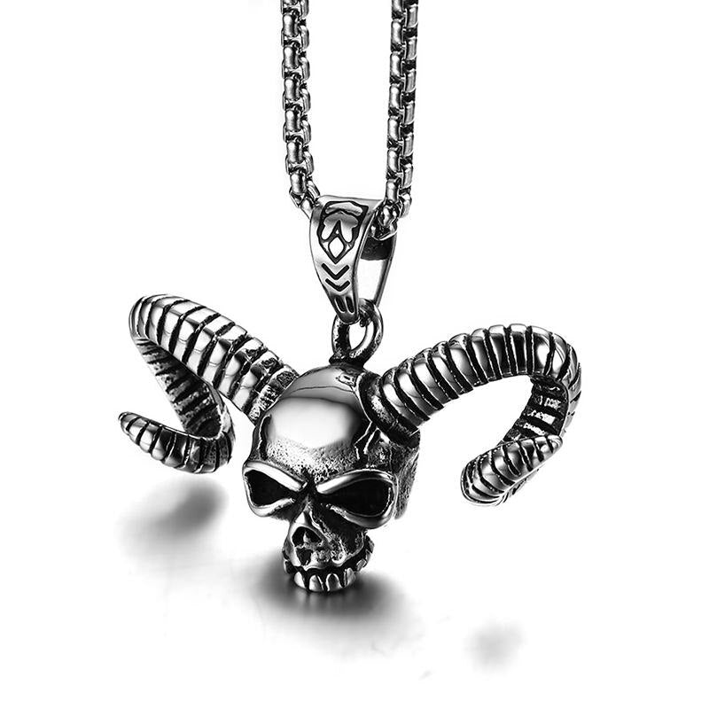 Stainless Steel Long Horn Skull Skeleton Pendant Necklace