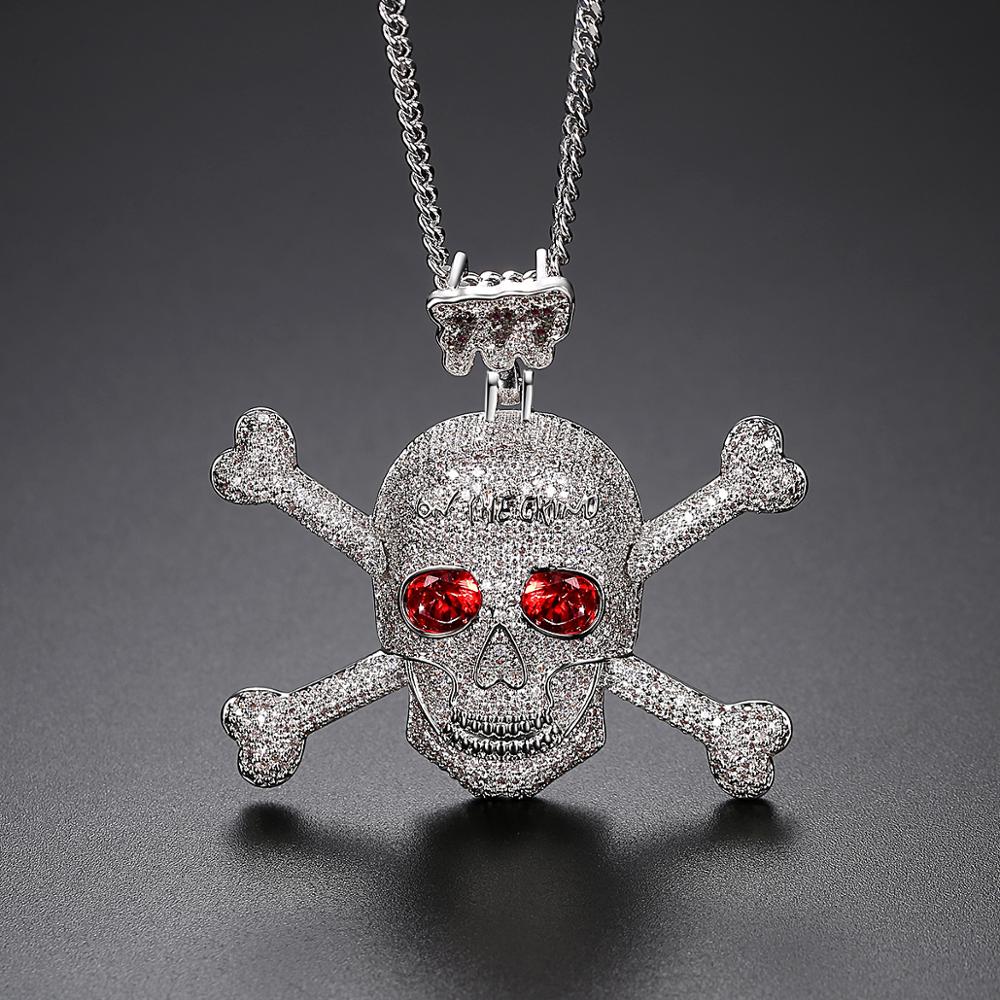 Full Rhinestone Punk Red CZ Stone Skeleton Skull Pendants Necklaces