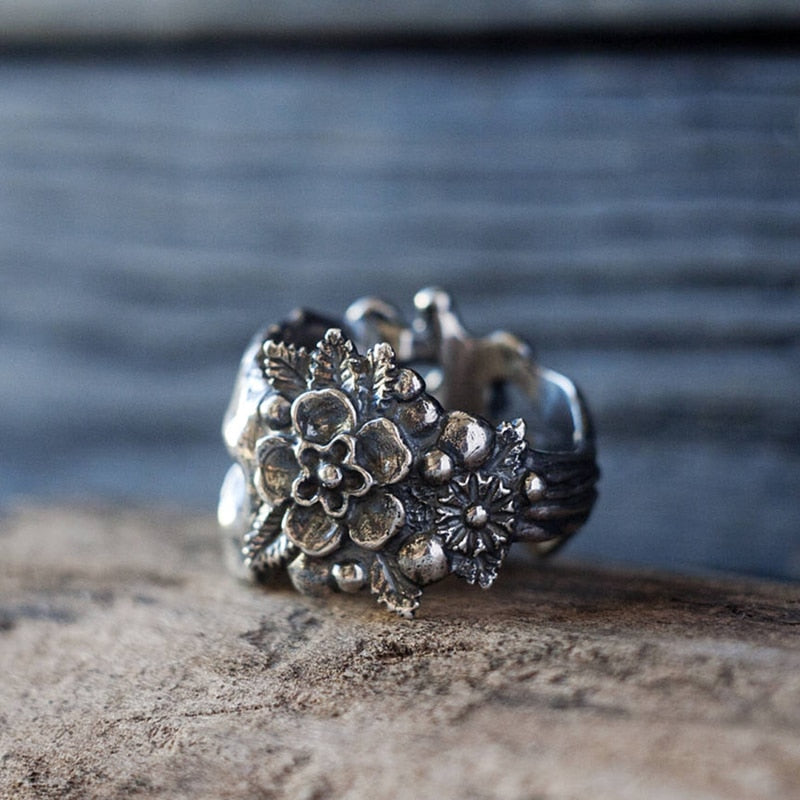 Flower Sugar Skull Rings Goth Flowers Stainless Steel