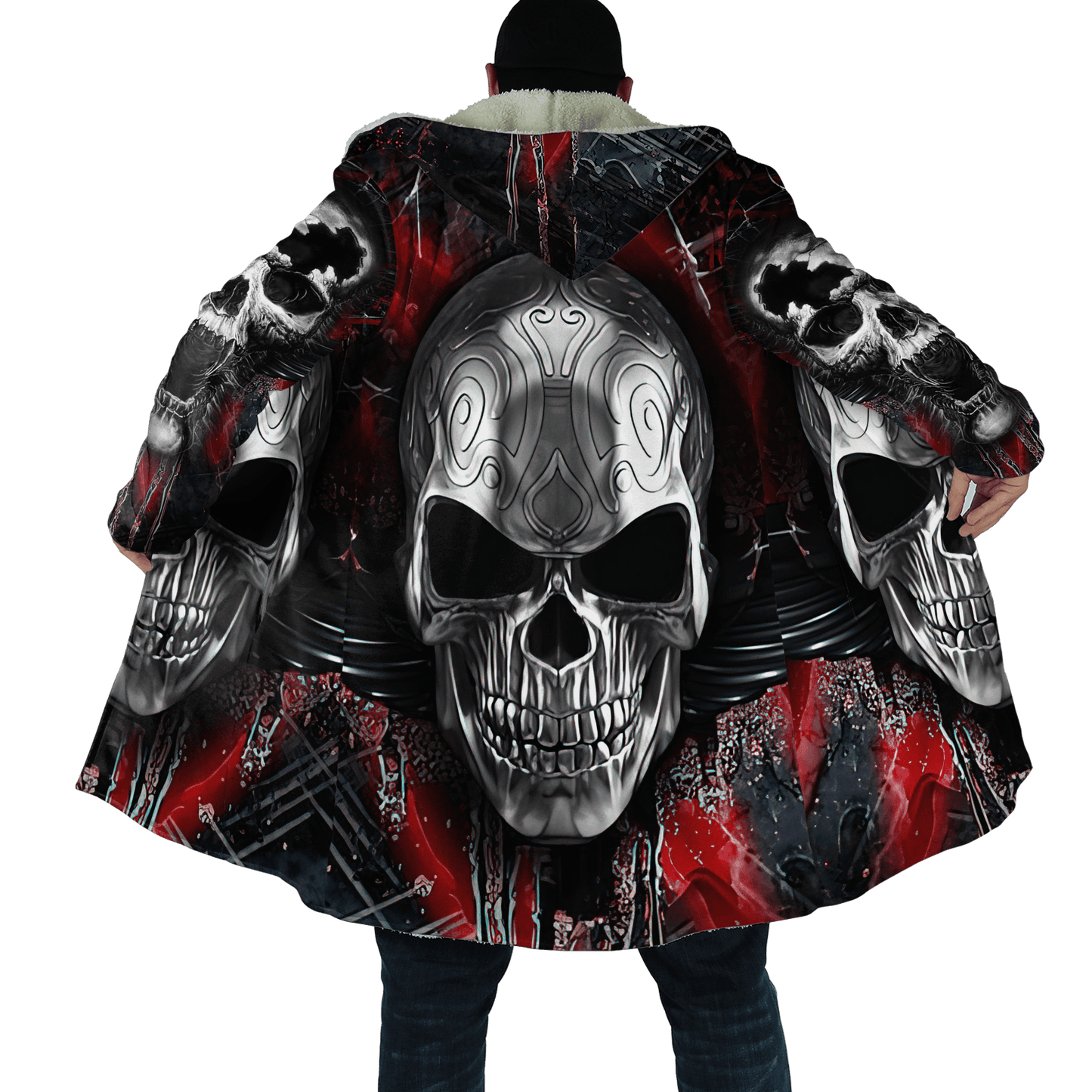 Winter Mens Cloak Fire Reaper Skull Tattoo 3D full Printing Fleece Hooded cloak Coat Unisex Casual Thick Warm Cape coat