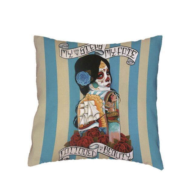 Colorful Sugar Skull Polyester Cushion Cover White Mexican Style