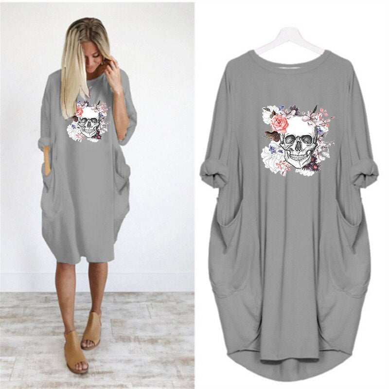 Plus Size 5XL Women's Dress Skull Print Long Sleeve O Collar Pocket