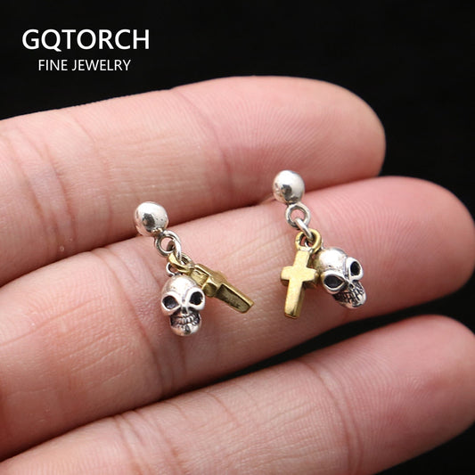 Real Pure 925 Sterling Silver Skull Earrings For Women With Gold