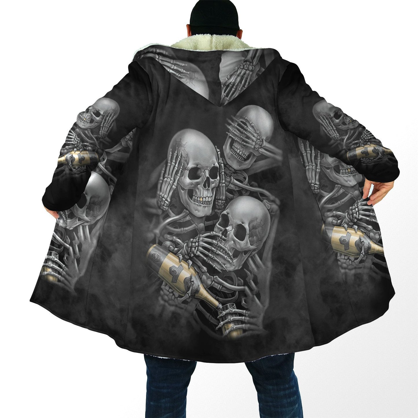 Winter Mens Cloak Gothic Reaper Skull Tattoo Fleece Hooded Cloak Coat Unisex Casual Thick Warm Cape coat, Halloween cloak coat