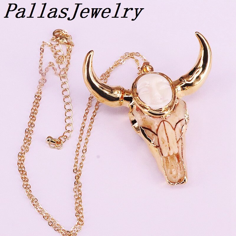 5Pcs Nature Bull Bone Pendant, Gold Filled Bull Head Pendants Necklace