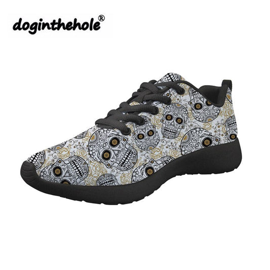 Sugar Skull Printing Flat Sneakers for Women Lace-up Summer