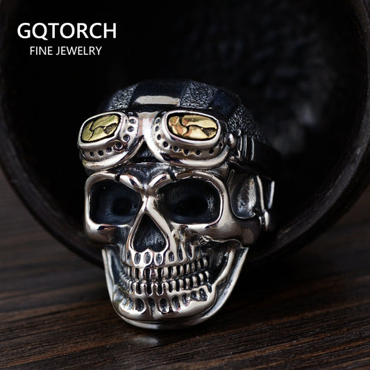 Personalized Biker Rings For Men Genuine 925 Sterling Silver Skull Head With Pilot Glass