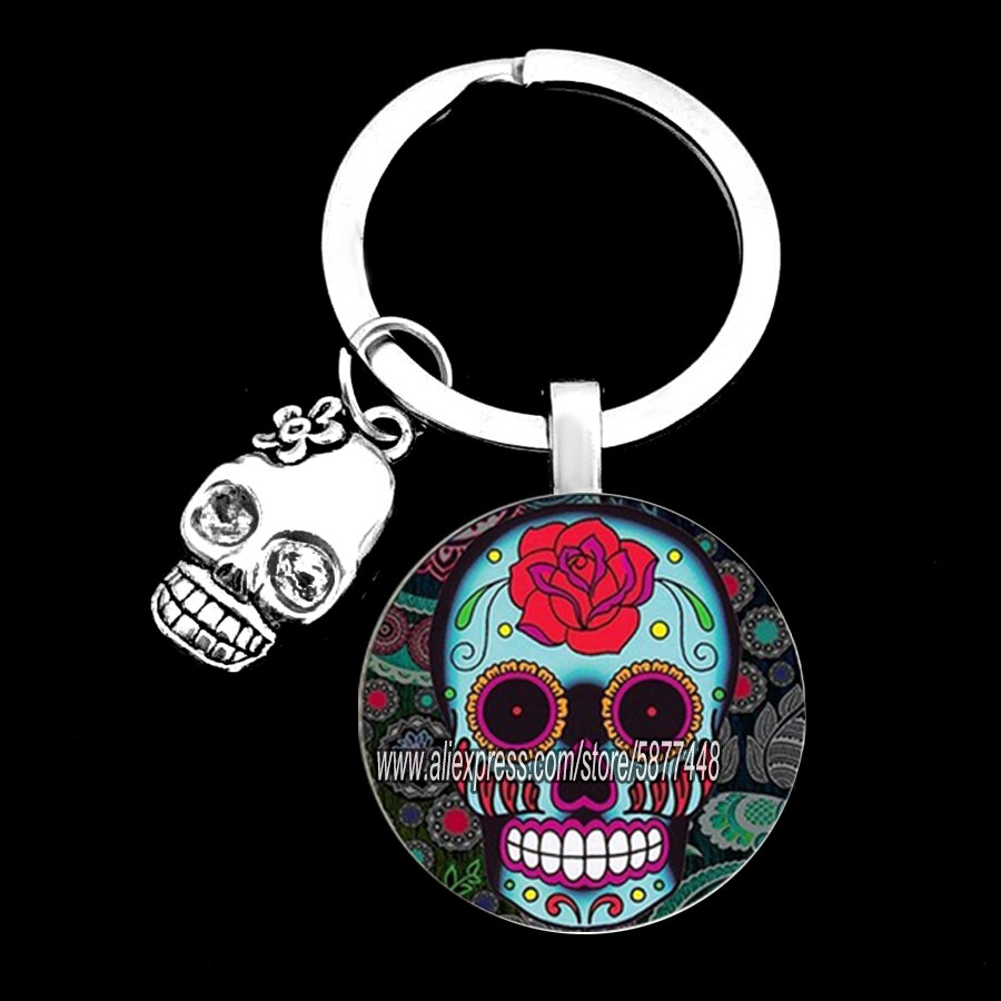 Exquisite Colorful Sugar Skull Pendent Glass Keychain Skeleton and Flower Key Ring for Unisex