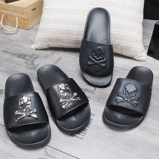 Summer Couple Soft-Soled Leather Slippers Men/Women Fashion Flip-Flops Ladies Skull Head Personalized Sandals Girl Trendy Shoes