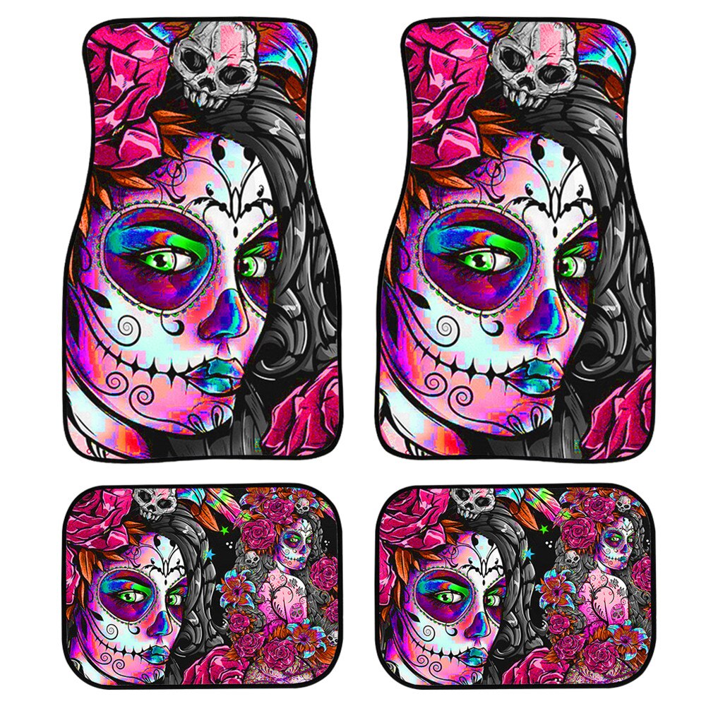 4pcs/Set Day Of The Dead Skull Gothic Car Floor Washable Mats for Front and Back