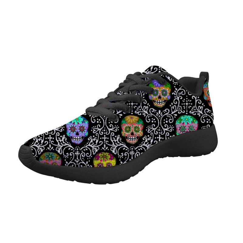 Sugar Skull Printing Flat Sneakers for Women Lace-up Summer