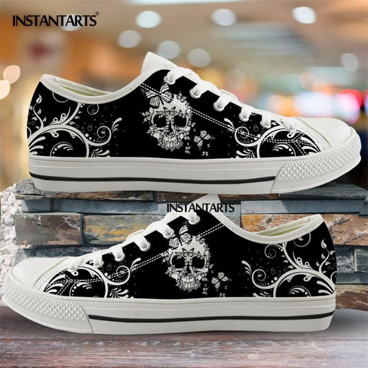 Hot Black Skull Printing Canvas Shoes Low Top Brand
