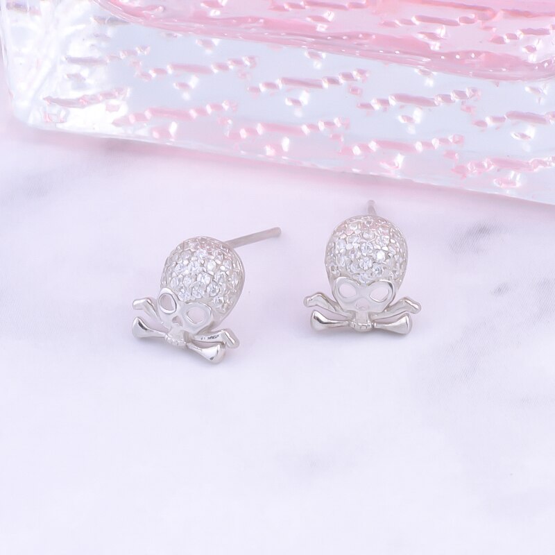 Real 925 Sterling Silver Zircon Skull Head Bone Stud Earring