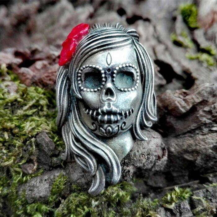 Stainless Steel Flower Sugar Skull Ring