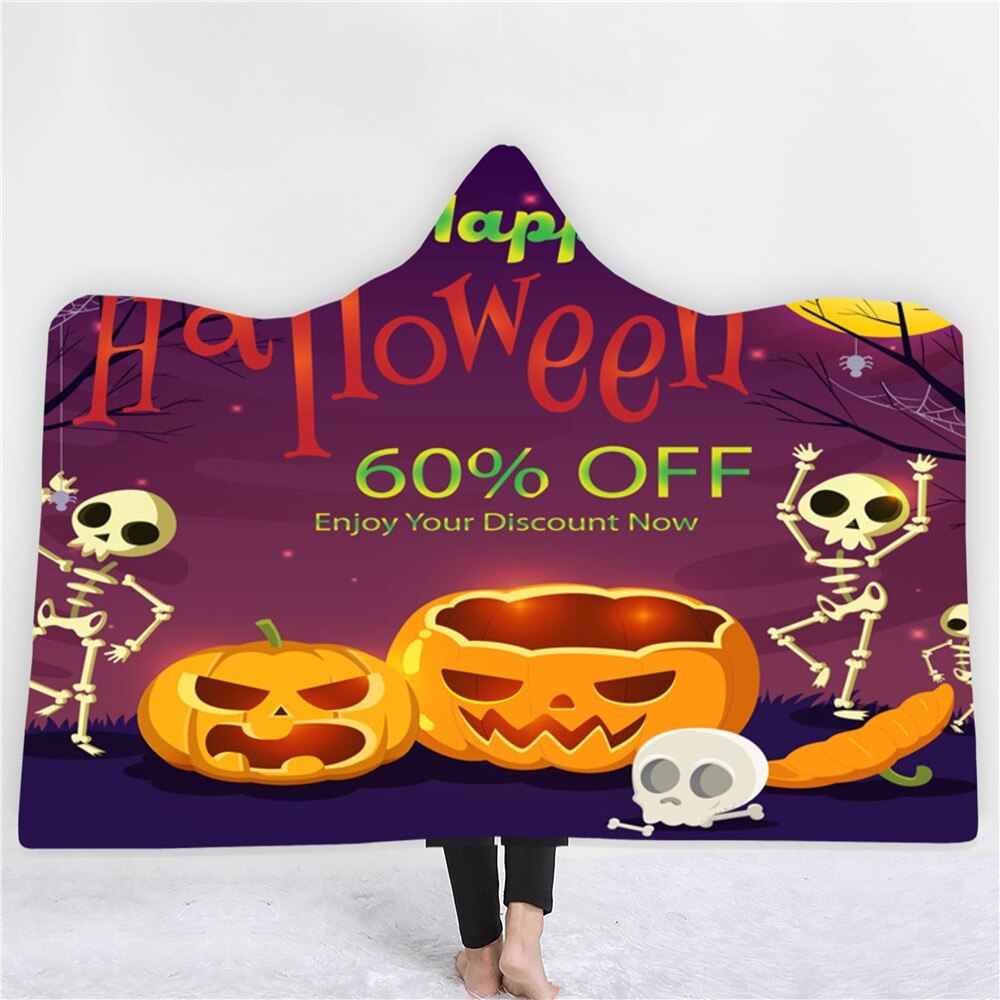 Skull Pumpkin Hooded Blanket Happy Halloween Fleece Blanket 3D Print