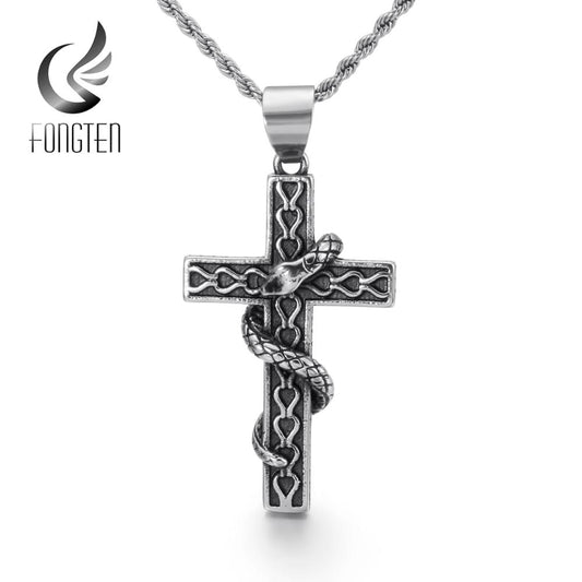 Vintage Cross Snake Pendant Gothic Men Stainless Steel