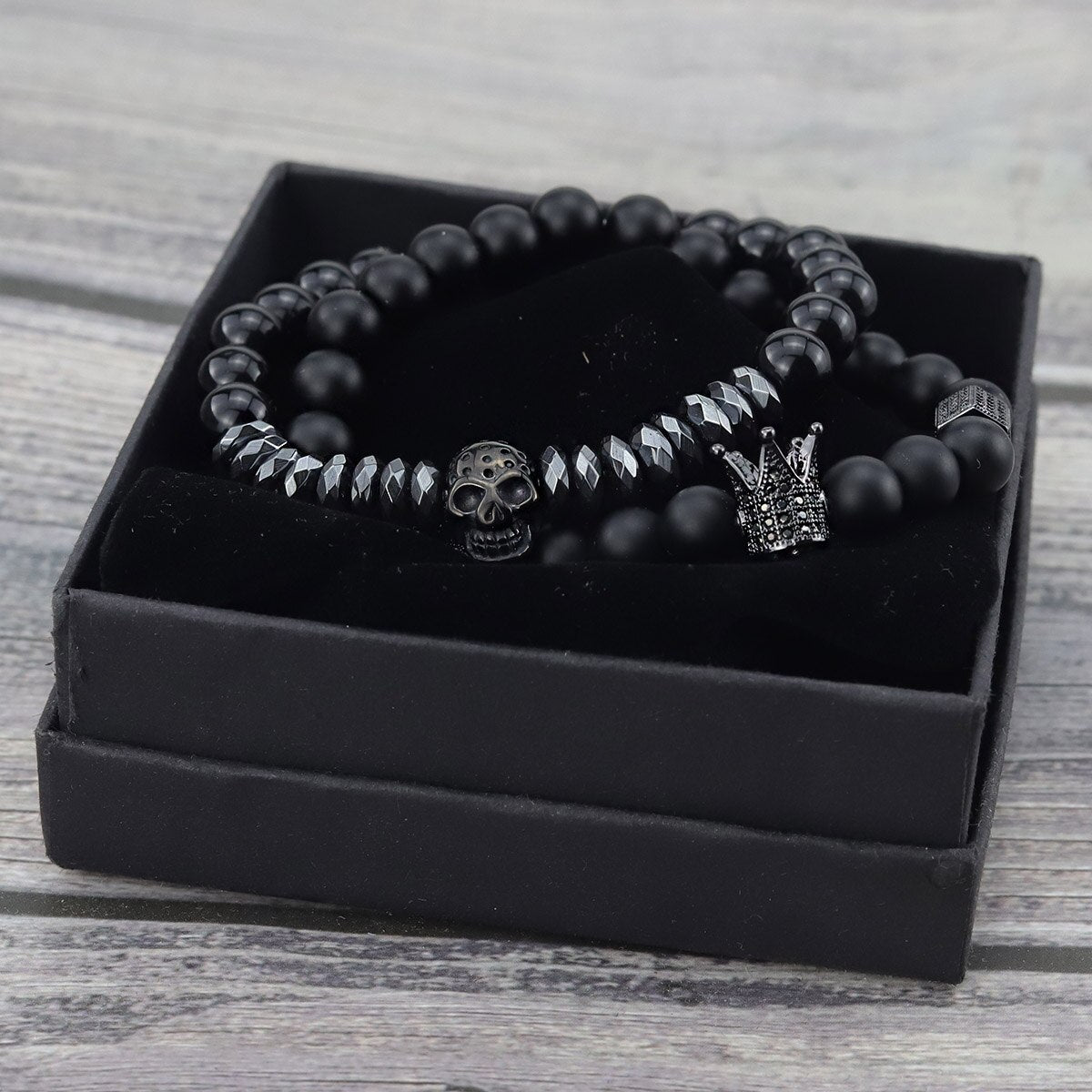 2pcs/Set Natural stone beads Bracelet Luxury CZ Crown Stainless Steel