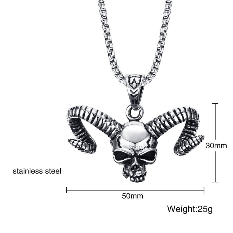 Stainless Steel Long Horn Skull Skeleton Pendant Necklace