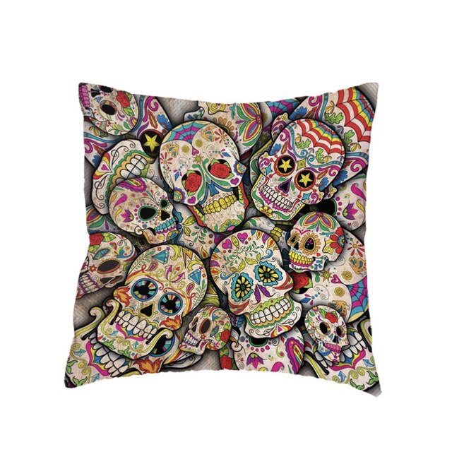 Colorful Sugar Skull Polyester Cushion Cover White Mexican Style