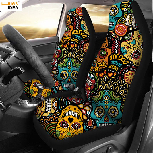 2Pcs Sugar Skull Car Seat Cover SUV Interior Decoration Sheet Cushion Protector Anti Dirty