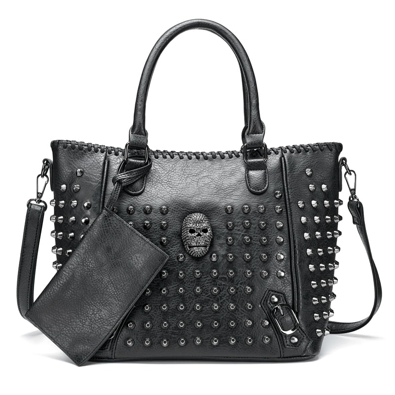 Skeleton skull New Rivet Women Bag Pu Leather Crossbody Bag Purse Skull Handbag Quality Punk Shoulder Bag with Wallet Messenger Bag