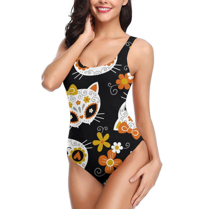 Swimwear Swimsuit Women Backless Cat Sugar Skulls And Flowers Swimsuit