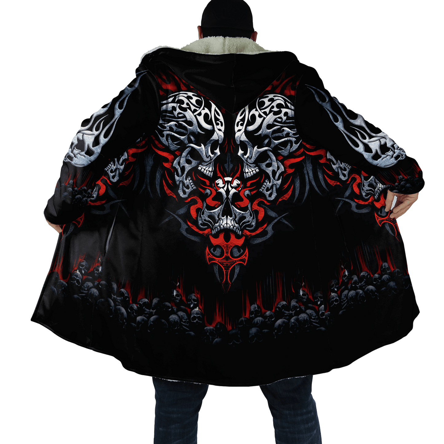 Winter Mens Cloak Gothic Reaper Skull Tattoo Fleece Hooded Cloak Coat Unisex Casual Thick Warm Cape coat, Halloween cloak coat