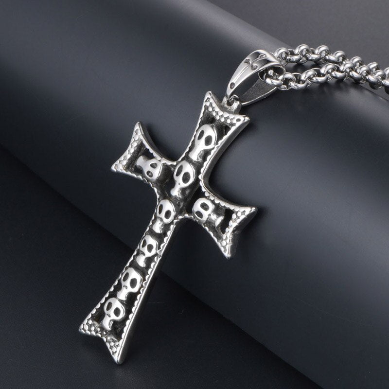 Punk Skull Devil Head Pendant Alternative Cross Men's Titanium Steel Necklace