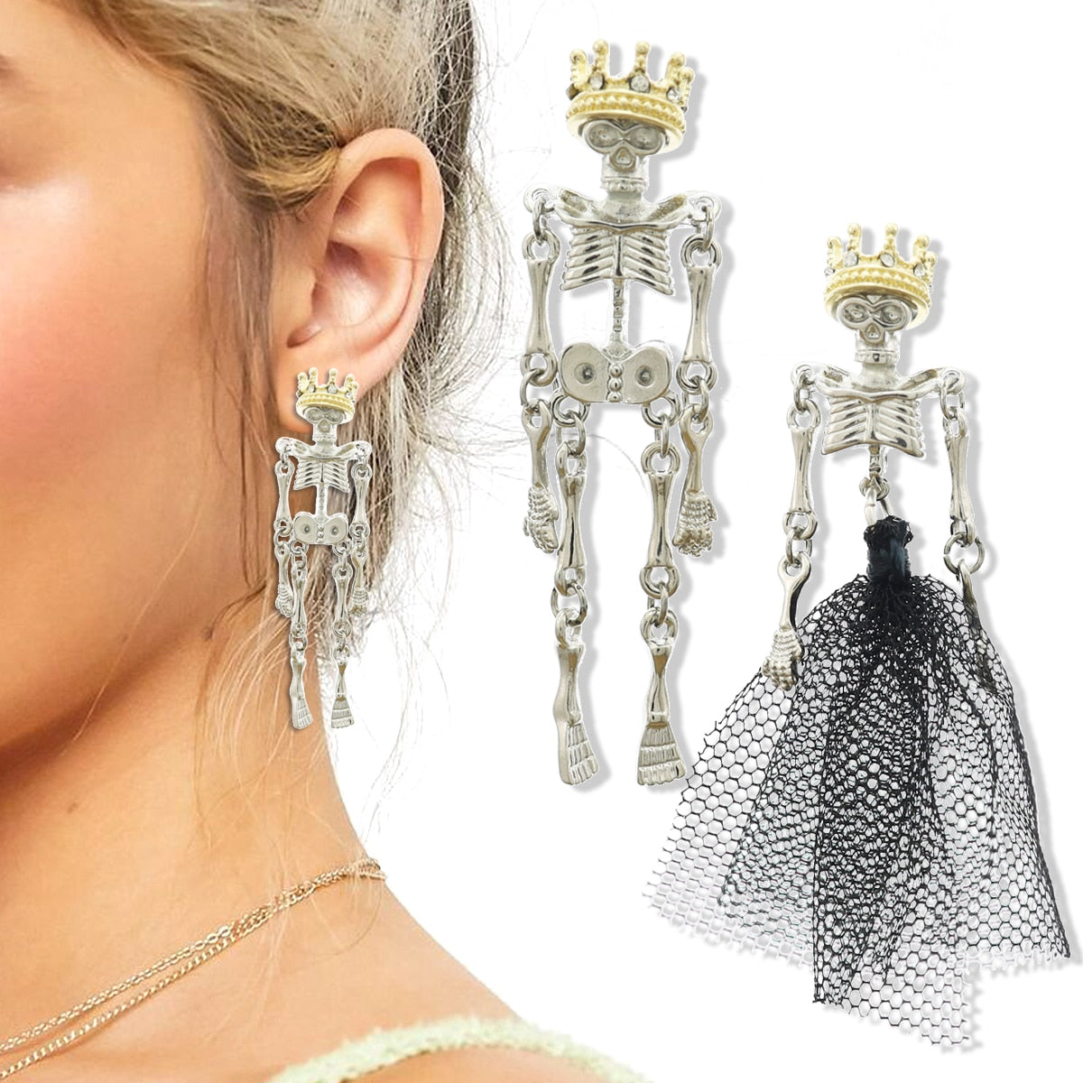 Crown Tiara Skull Skeleton Bone Mismatch Ear Studs Earrings