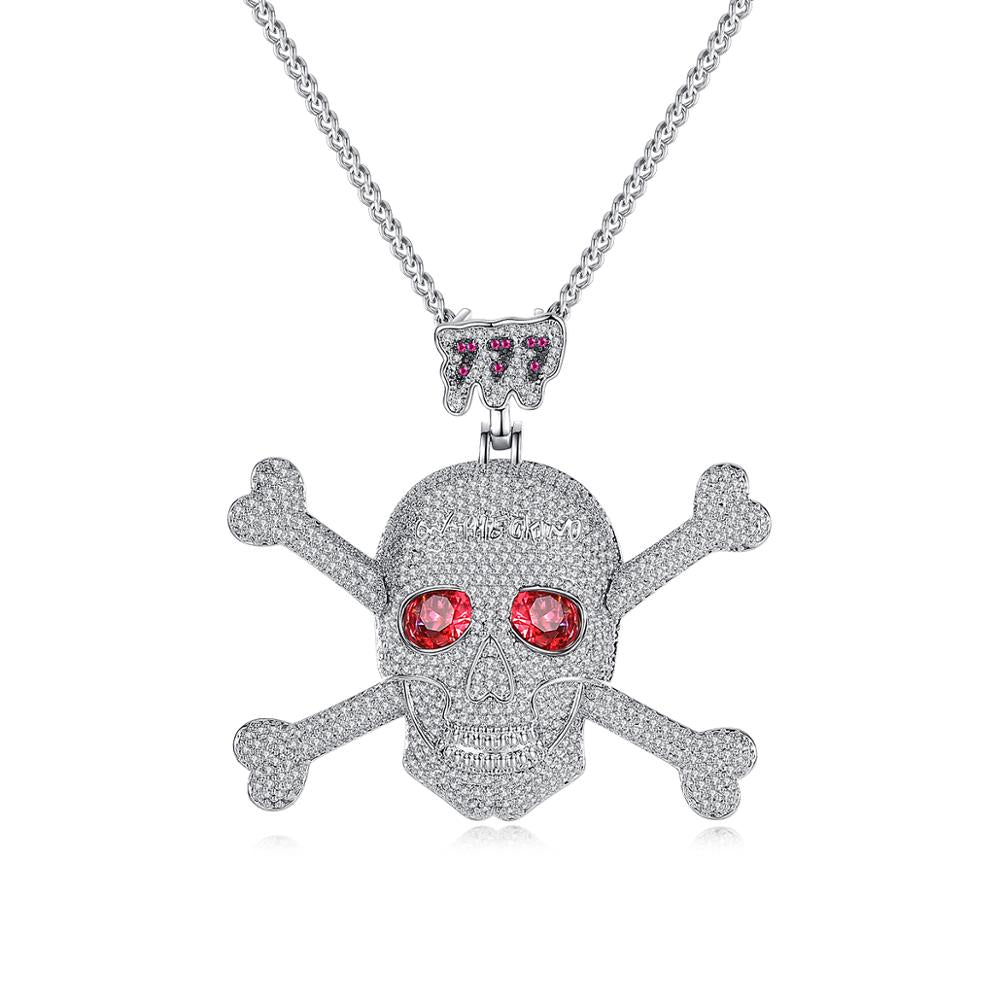 Full Rhinestone Punk Red CZ Stone Skeleton Skull Pendants Necklaces