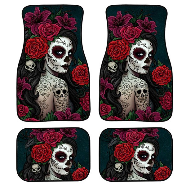 4pcs/Set Day Of The Dead Skull Gothic Car Floor Washable Mats for Front and Back