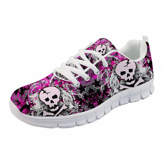 Shoes For Women Pink Punk Skull Print Summer Mesh Flat