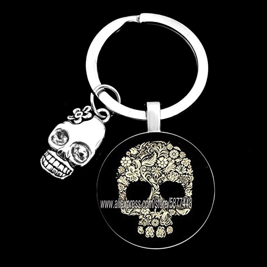 Exquisite Colorful Sugar Skull Pendent Glass Keychain Skeleton and Flower Key Ring for Unisex