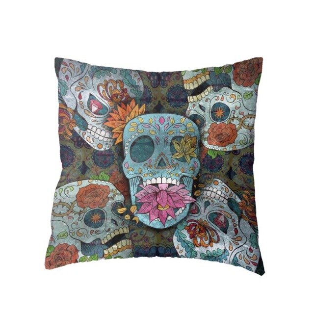 Colorful Sugar Skull Polyester Cushion Cover White Mexican Style