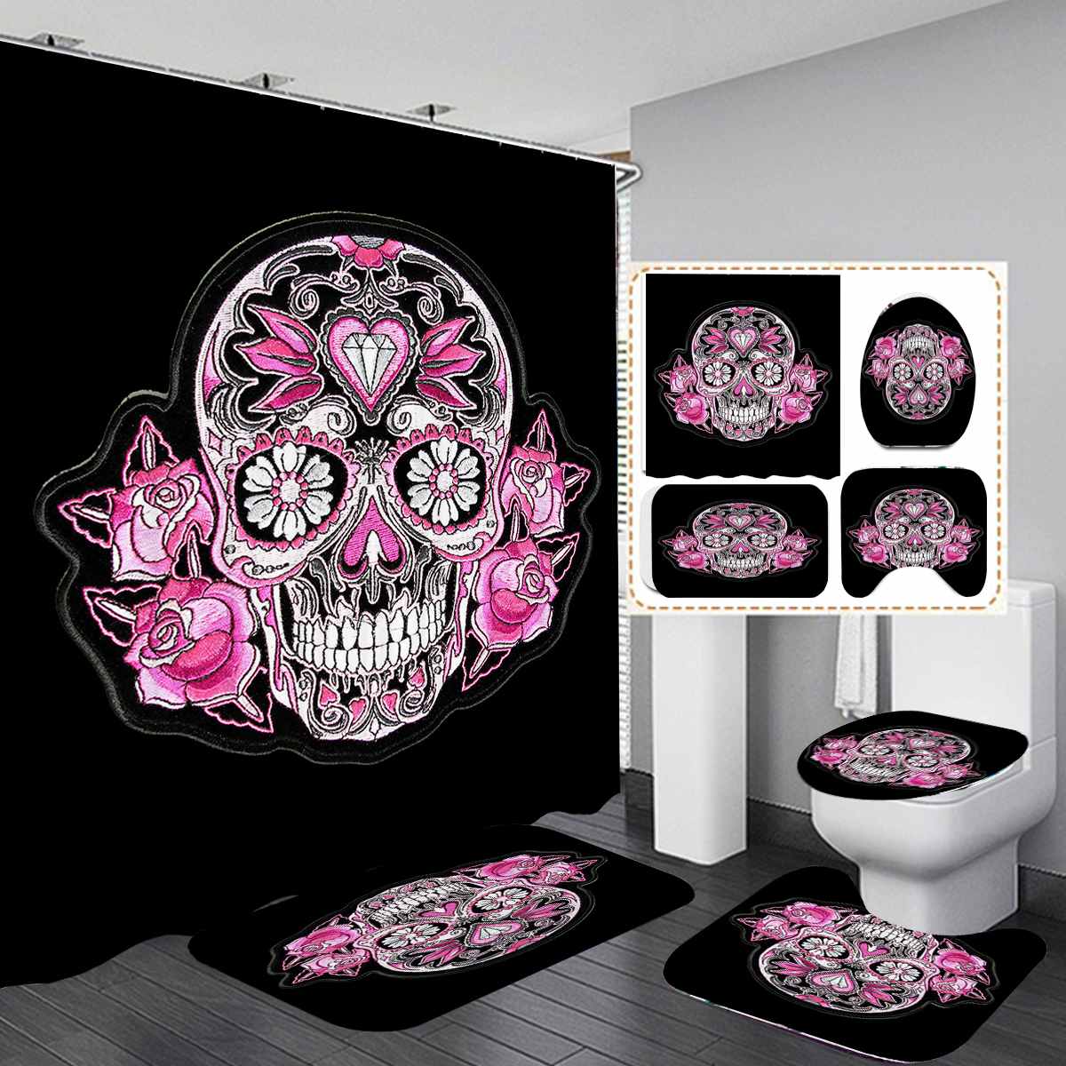 Halloween Skull bathroom curtain Waterproof Shower Curtain Set