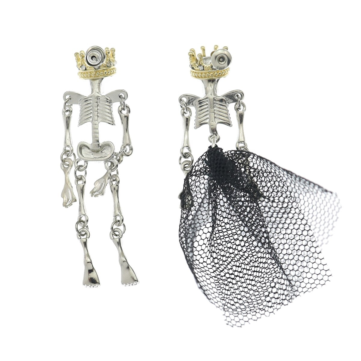 Crown Tiara Skull Skeleton Bone Mismatch Ear Studs Earrings