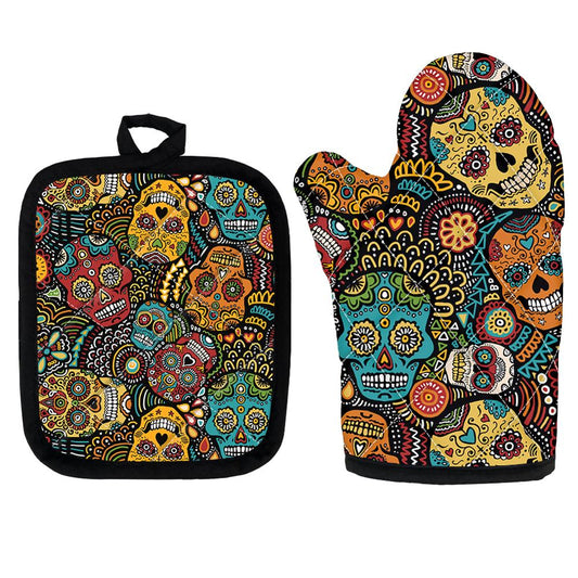 Set of 2 Microwave Oven Gloves Sugar Skull Pattern Oven Mitts for Cooking Home BBQ Baking Party Gloves