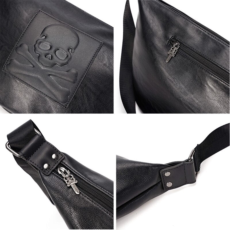 Chest Bag For Men Skull Black Leather Belt Bag