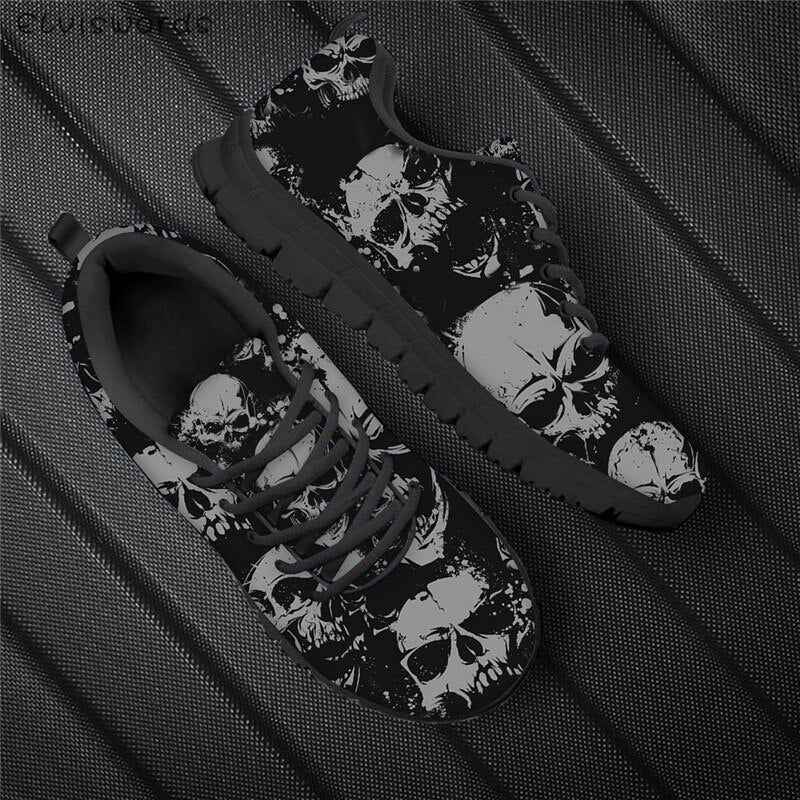 Punk Style Women Flats Skull Head 3D Print Breathable Air Mesh Sneaker Shoes