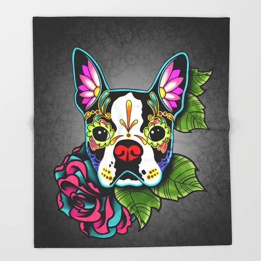 Sugar Skull Blanket Cool Design Boston Terrier in Black Fleece Blankets