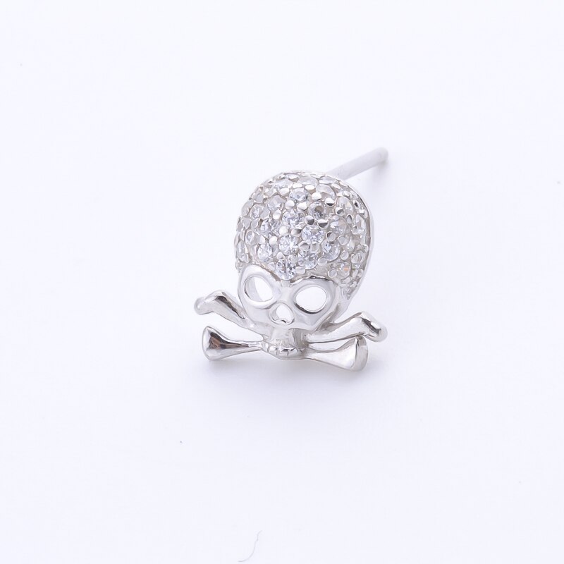 Real 925 Sterling Silver Zircon Skull Head Bone Stud Earring