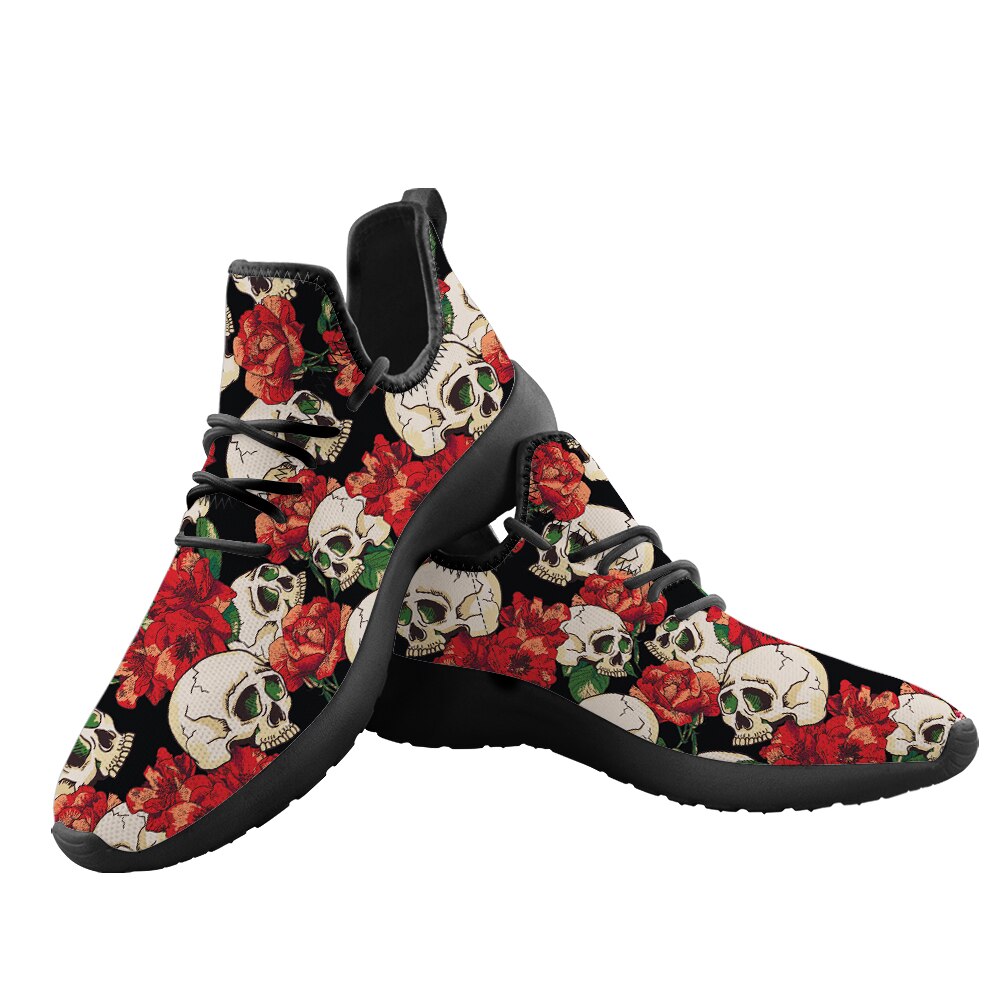 Women's Casual Running Shoes Red Flower Skull Low Top Ladies Flat Printing Custom